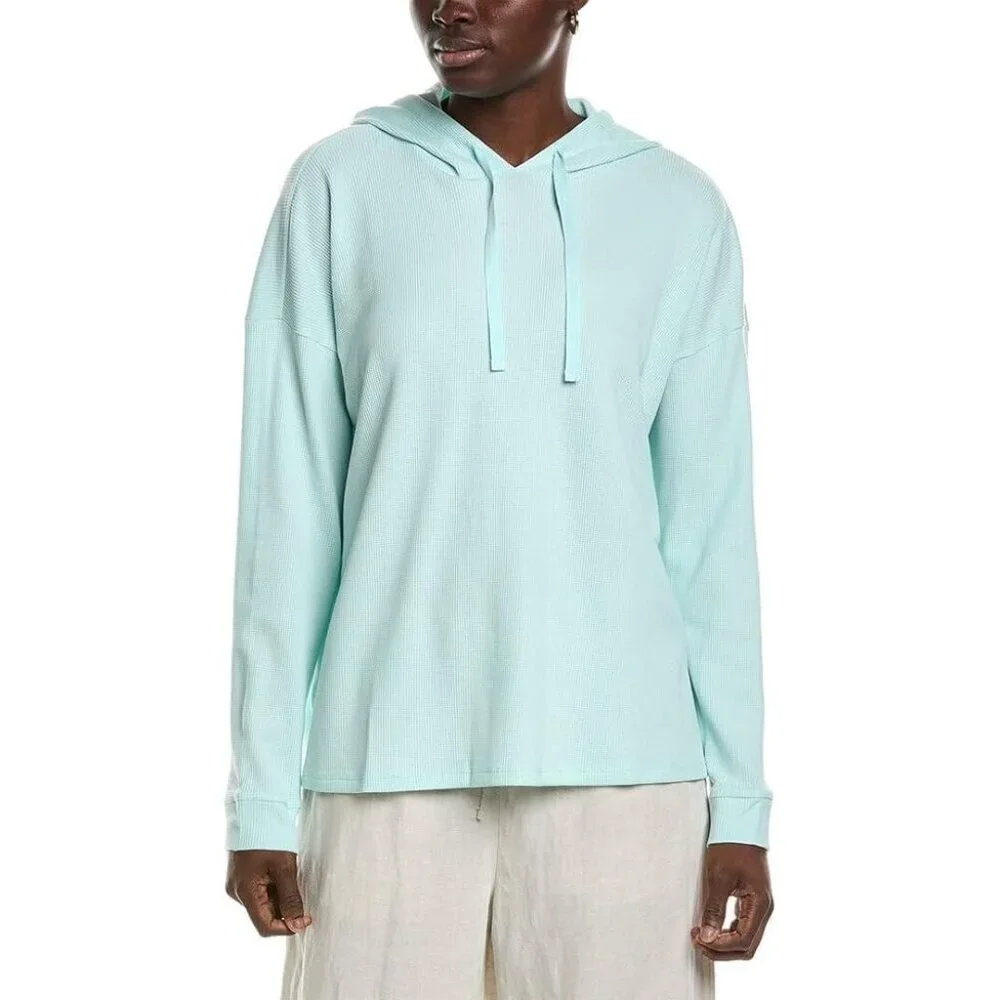 Eileen Fisher Womens XL Cozy Waffle Knit Hooded Top Boxy Fit Pullover‎ Mint